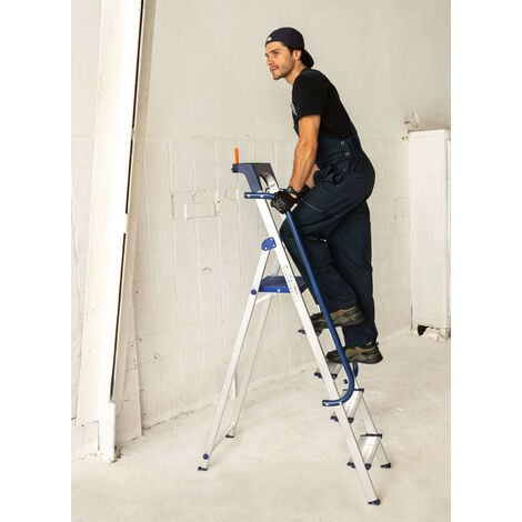 Escabeau 5 marches Secure pro, aluminium renforcé, sécurisé avec rampes, tablette porte-outils, hauteur plateforme 112cm, charge 150kg Hostrom