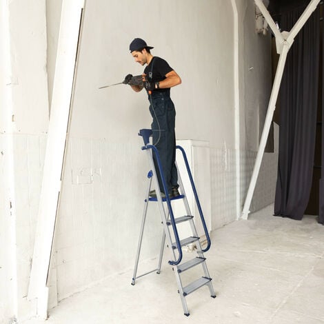 Escabeau 5 marches Secure pro, aluminium renforcé, sécurisé avec rampes, tablette porte-outils, hauteur plateforme 112cm, charge 150kg Hostrom