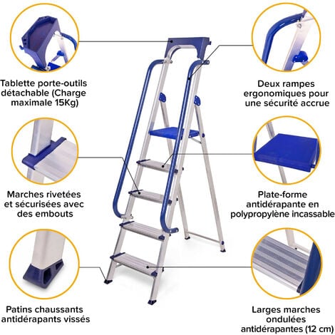 Escabeau 5 marches Secure pro, aluminium renforcé, sécurisé avec rampes, tablette porte-outils, hauteur plateforme 112cm, charge 150kg Hostrom