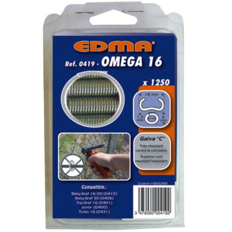 Edma – Agrafes Omega 16 – Galva plastifié gris – 1250 pièces – Pour agrafeuses Baby Graf et Top Graf – Dimensions 16 mm