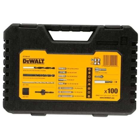 Coffret Accessoires Perçage Vissage DEWALT 100 Pièces - Forets Métal, Bois, Béton + Embouts - Mallette Rangement