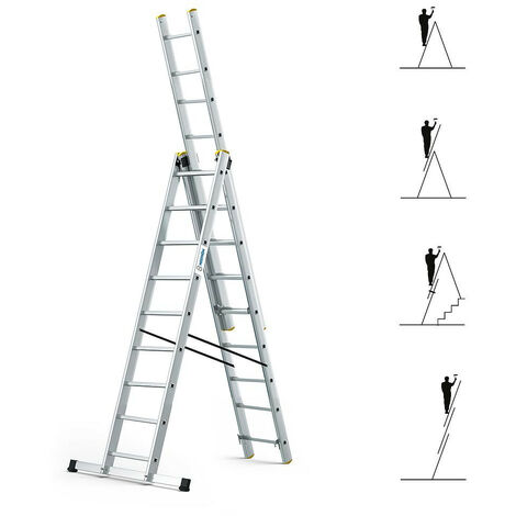Echelle transformable 3 plans StablePro 3x9 marches aluminium extensible coulissante, 6 positions, hauteur travail max 6,10m, garantie 5 ans, Hostrom