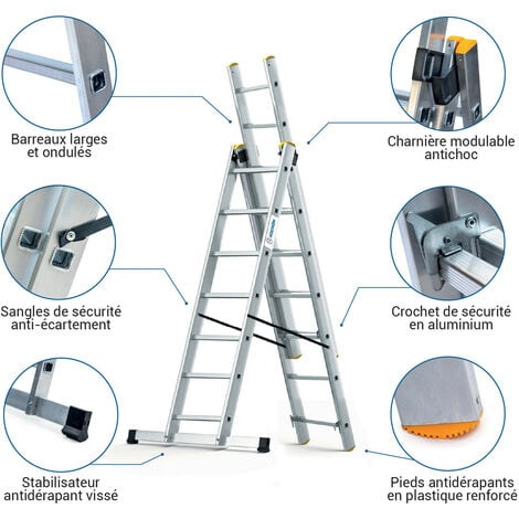 Echelle transformable 3 plans StablePro 3x7 marches aluminium extensible coulissante, 6 positions, hauteur travail max 5,00m, garantie 5 ans, Hostrom