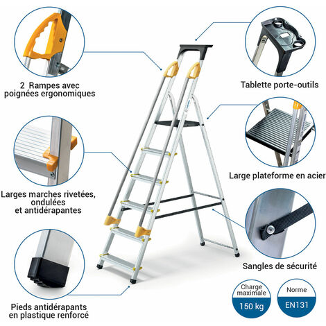 Escabeau 6 marches DURAMP sécurisé avec rampes, tablette porte-outils, marchepied pliable aluminium, hauteur plateforme 119cm, garantie 5 ans Hoström
