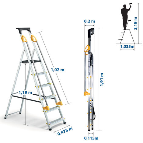 Escabeau 6 marches DURAMP sécurisé avec rampes, tablette porte-outils, marchepied pliable aluminium, hauteur plateforme 119cm, garantie 5 ans Hoström