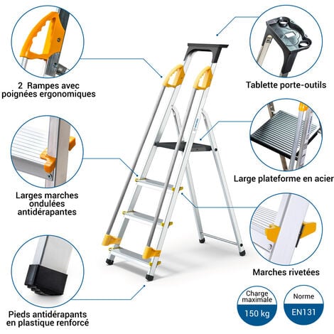 Escabeau 4 marches DURAMP sécurisé avec rampes, tablette porte-outils, marchepied pliable aluminium, hauteur plateforme 75cm, garantie 5 ans Hoström