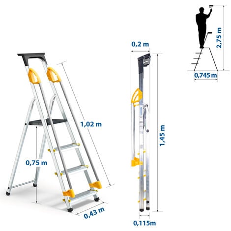 Escabeau 4 marches DURAMP sécurisé avec rampes, tablette porte-outils, marchepied pliable aluminium, hauteur plateforme 75cm, garantie 5 ans Hoström