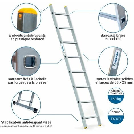 Echelle simple StablePro 8 marches en aluminium, légère et durable, hauteur de travail maximale 3,2m, garantie 5 ans, charge maximale 150kg, Hostrom