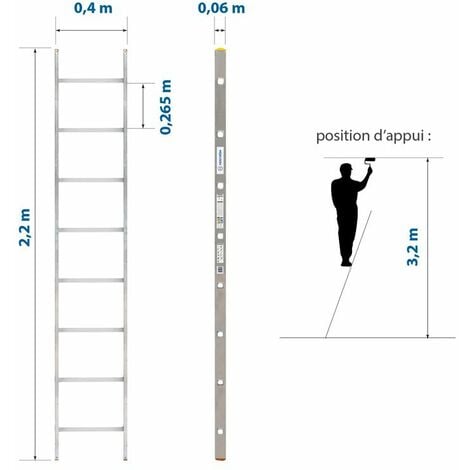 Echelle simple StablePro 8 marches en aluminium, légère et durable, hauteur de travail maximale 3,2m, garantie 5 ans, charge maximale 150kg, Hostrom