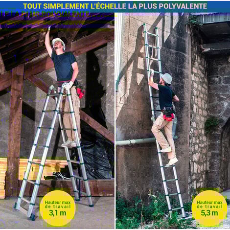 Echelle télescopique articulée 4,4m STEMPAKT, escabeau 2x7 marches pliable professionnel multifonction, H max travail 5,3m, garantie 5 ans, Hoström