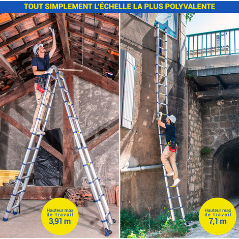 Echelle télescopique articulée 6,2m STEMPAKT, escabeau 2x10 marches pliable professionnel multifonction, H max travail 7,1m, garantie 5 ans, Hoström