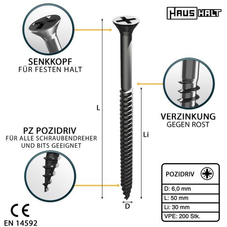 HausHalt Vis à bois universelle 6,0 x 50 mm PZ3 - 200 pièces (000051371227)