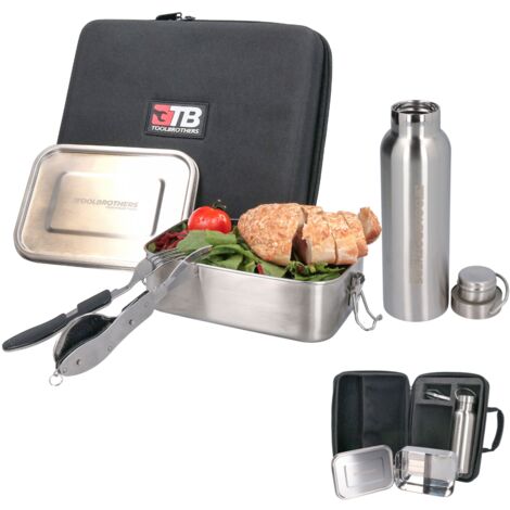 Set Pranzo Toolbrothers: Contenitore Acciaio 1340ml Con Coperchio In Bambù + Borraccia 500ml + Posate 4in1 + Borsa Termica 7,5L
