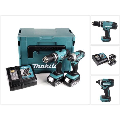 Makita DHP 453 18V Perceuse visseuse à percussion sans fil + DTD 152 Visseuse à chocs sans fil + Coffret + 2x Batteries 4,0 Ah + Chargeur DC18RC (1/5)
