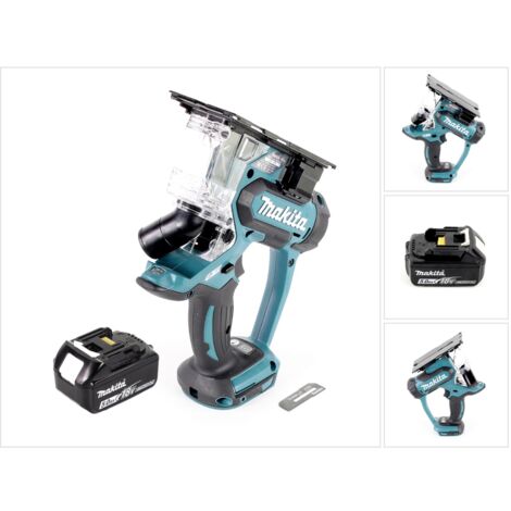 Makita – Scie à placoplâtre sans fil 18V avec batterie 5,0Ah – Profondeur de coupe 30mm – Lampe LED intégrée – Bac de récupération des copeaux