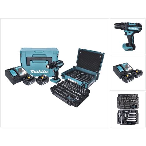 Makita – Perceuse-visseuse à percussion sans fil 18V – Couple 62Nm – 2 batteries 3,0Ah – Chargeur et 120 pcs kit d'outils inclus