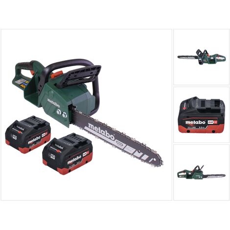 Metabo – Tronçonneuse à batterie 36V – Longueur de guide 40 cm – 2 batteries 5,5 Ah – Moteur Brushless 22 m/s – Pour bois dur et teck
