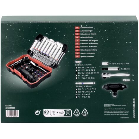 Metabo Calendrier de l'Avent avec 31 pièces d'outillage ( 626694000 ) Embouts / Douilles / Clé à cliquet