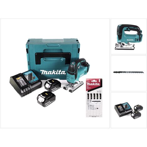 Makita DJV 182 RTJ Scie sauteuse sans fil 18V Brushless 26mm + Coffret Makpac + 2x Batteries BL1850B 5,0 Ah + Chargeur DC18RC + 5 Pièces Lames de scie Makita L-2 pour Bois ( A-86309 ) (1/5)