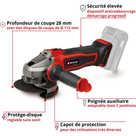 Einhell Meuleuse d'angle Ø115mm sans fil TE-AG 18/115-2 Li Solo Power X-Change (18 V, profondeur de coupe de 28 mm) Livré sans Batterie ni Chargeur