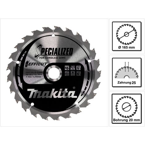 Makita – Lame de scie circulaire EFFICUT 165mm – 25 dents pour bois dur – Diamètre alésage 20mm – Coupe nette et précise