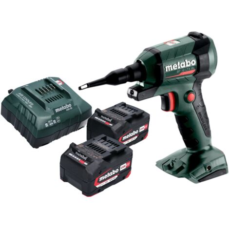 Metabo – Soufflette sans fil 18V Brushless – Débit d'air 0,7 m/min – Vitesse max 122 m/s – Avec 2 batteries 4,0 Ah et chargeur