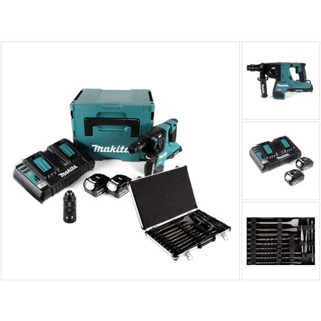 Makita DHR 281 PMJ Marteau perforateur sans fil 2x18V 2,8J brushless SDS plus + mandrin à changement rapide + 2x batterie 4,0 Ah + double chargeur + 17 pces set de forets et burins + Makpac (1/5)