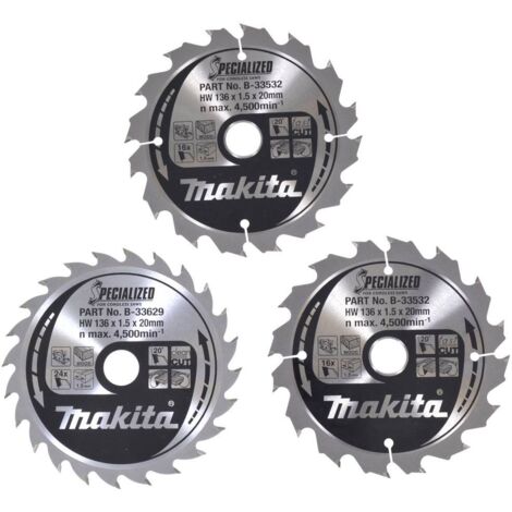 Makita – Lame de scie circulaire 136mm B33897 – 20mm alésage – 16/24 dents – Pour bois dur – 3 lames pour coupes précises - 136x20x16Z