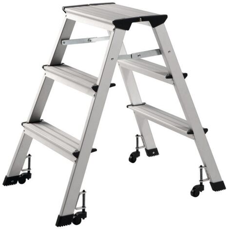Escabeau pliant aluminium mobile – 3 marches – Charge max 150 kg – Hauteur de travail 223 cm – Pliable avec roulettes