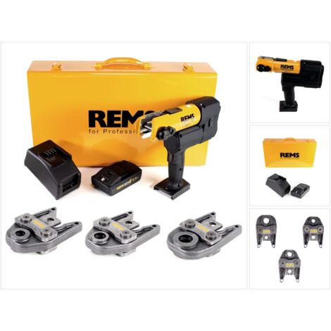 REMS Akku-Press 22V ACC + 1x Akku 2,5Ah + Schnellladegerät + Pressbacken Presszangen Standard TH16, 20, 26 im Stahlblechkasten (1/5)