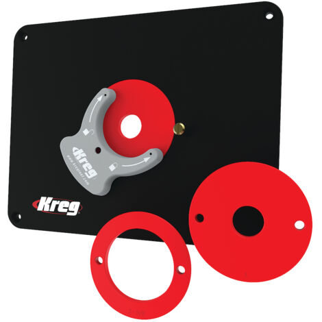 Kreg – Plaque d'insertion pour table de toupie pré-percée 298 x 235 x 9 mm – 3 anneaux de réduction 25 mm / 30 mm / 67 mm – Plastique thermodurcissable résistant