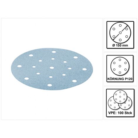 Disque abrasif Ø150 mm P120 – Lot de 100 pièces – Pour ponçage laques modernes et supports durs – Compatible avec ponceuses Festool