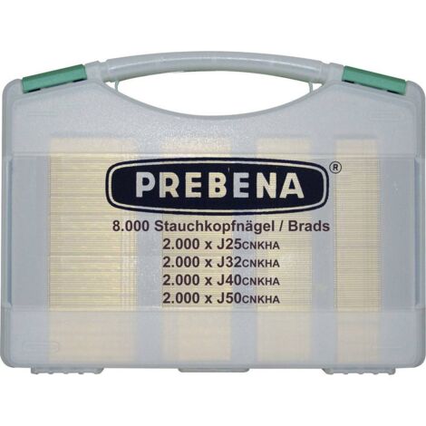 Pack de 8.000 pointes galvanisées pour cloueur pneumatique – Longueurs 25/32/40/50 mm – Coffret de transport inclus – Prebena