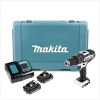 Makita DHP 482 W SAE 18 V Perceuse visseuse à percussion sans fil blanc avec boîtier + 2 x Batteries 2Ah + 1 x Chargeur DC 18 SD