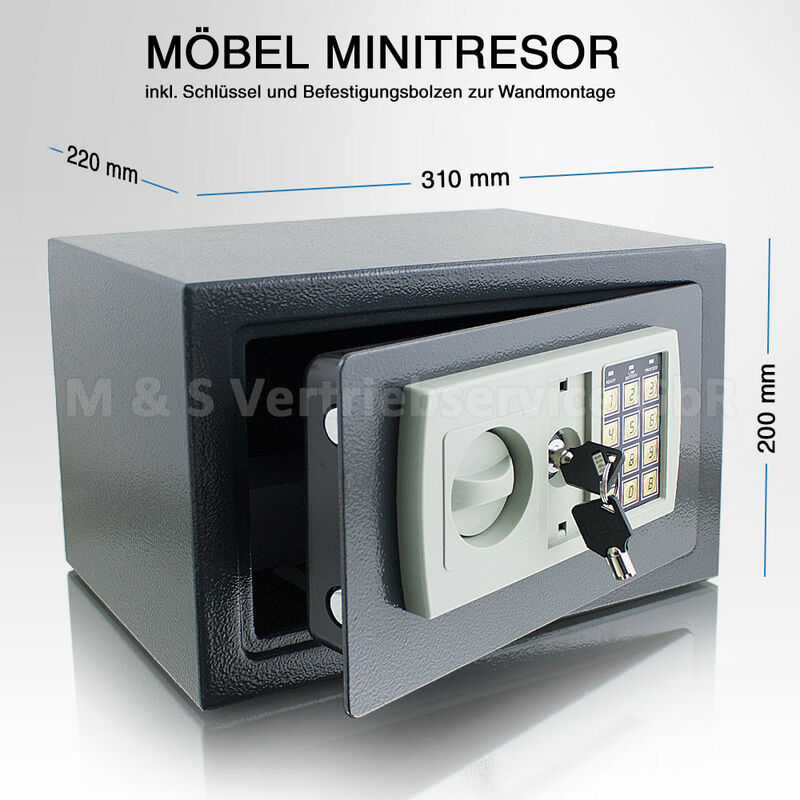 Elektronischer Möbeltresor Minitresor Wandtresor Wandsafe Schranktresor  Maße(B/H/T): 310 mm x 200 mm x 220 mm - Türstärke: 3 mm grau
