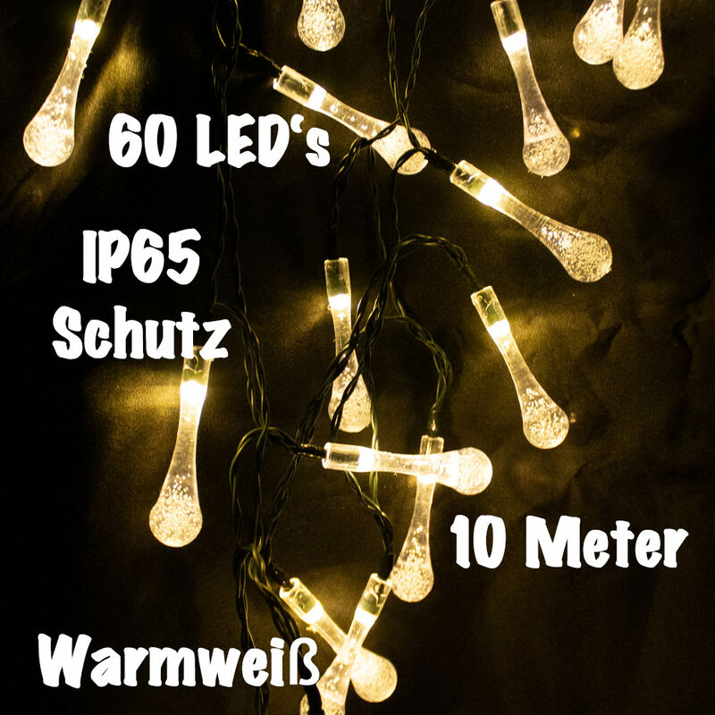 LED Lichterkette Außen Garten Outdoor Solar 10 Meter 60 LED's Warmweiß IP65  Tropfen