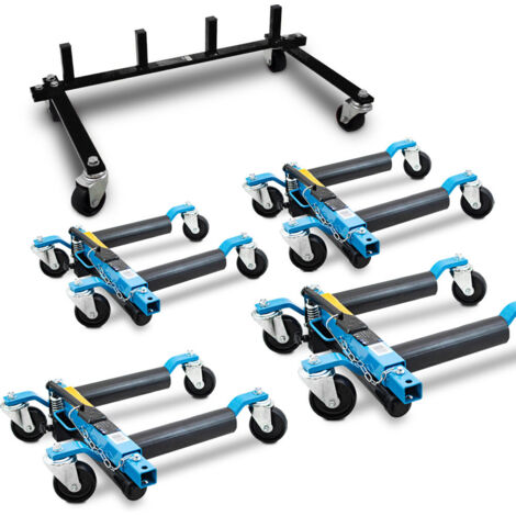 BITUXX 4 Stück PKW Rangierhilfe Blau Rangierheber hydraulisch Wagenheber Auto Rangierroller Rangierheber belastbar bis 680 kg pro Rangierroller inklusive Transportständer