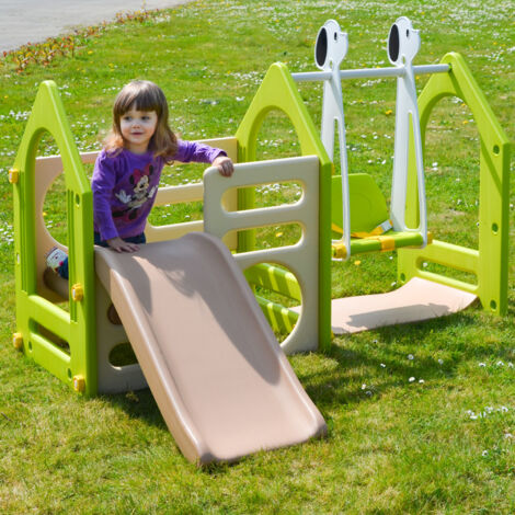 LittleTom Portique pour Petits Enfants 1-4 ans incl Balançoire Toboggan Parois d'Escalade Maison de Jeu avec 3 agrès Beige Vert Marron