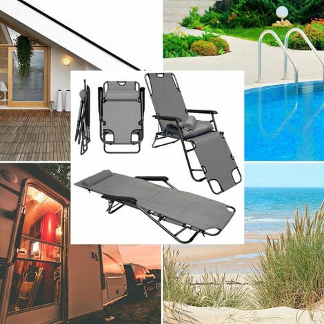 Chaise Longue inclinable et pliante  Transat de Jardin avec appui-tête réglable + rembourrage 178 cm amovible + repose-jambes + dossier inclinables  Gris