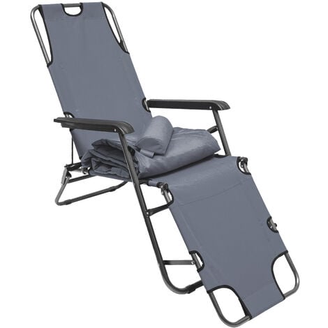 Chaise Longue inclinable et pliante  Transat de Jardin avec appui-tête réglable + rembourrage 178 cm amovible + repose-jambes + dossier inclinables  Gris