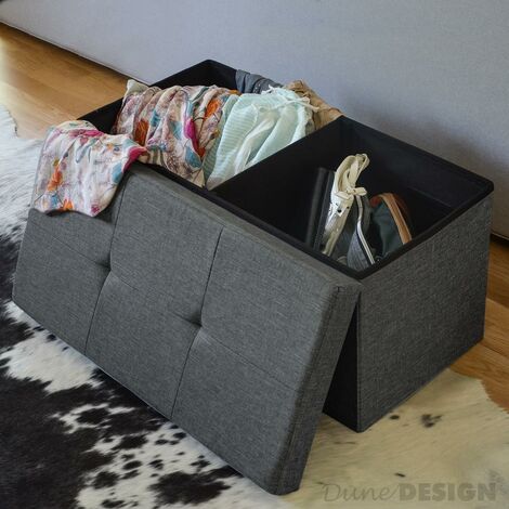 DuneDesign Banc de Rangement 76x38x38cm coffre pliant 80L rembourré Gris