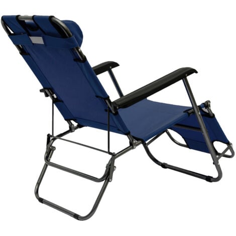 Chaise Longue inclinable et pliante Transat de Jardin 153 cm + appuie-tête amovible + repose-jambes et dossier inclinables  Bleu Foncé