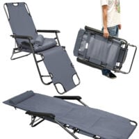 Chaise Longue inclinable et pliante  Transat de Jardin avec appui-tête réglable + rembourrage 178 cm amovible + repose-jambes + dossier inclinables  Gris