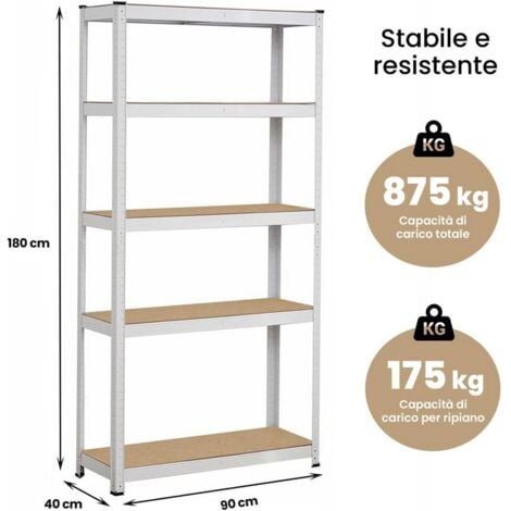 Set da 2 Scaffali Metallici con 5 ripiani da 875kg Misure 180x90x40cm Bianco