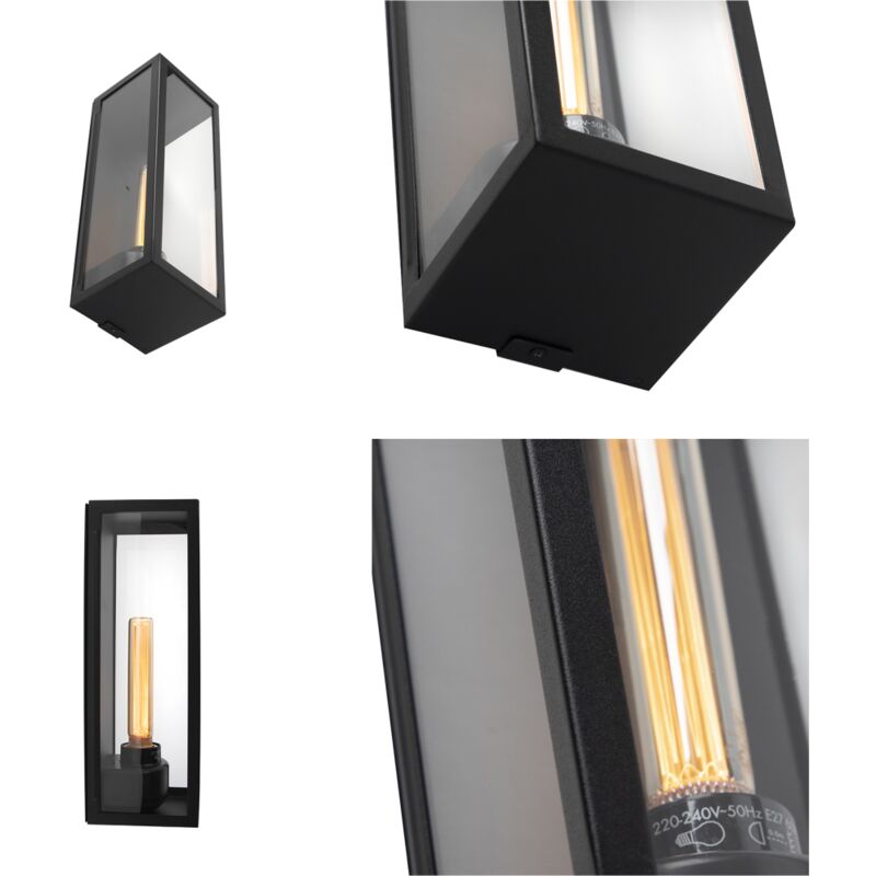 Rotterdam 1 verre/Acier Noir Rectangulaire/Jardin/Luminaire/Lumiere/Éclairage QAZQA Moderne Applique murale extérieure moderne noire avec détecteur de mouvement 