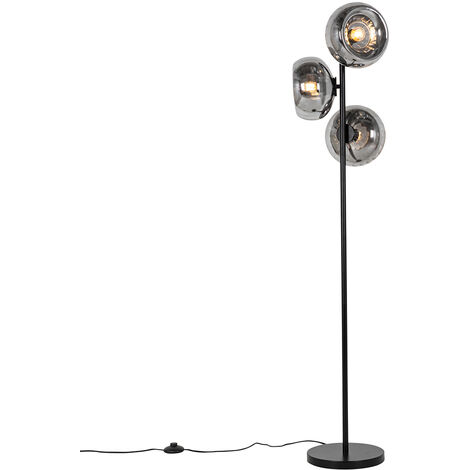 Qazqa – Lampadaire Art Déco noir 3 lumières H 145 cm – Verre fumé et acier – Culot E27 – Dimmable – Tension 220V/230V – Pour éclairage intérieur