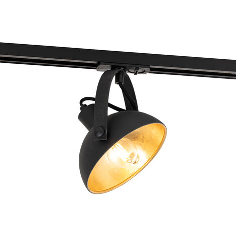 Qazqa – Spot sur rail industriel noir avec intérieur doré – Acier – Culot E14 – Dimmable – Profondeur 15cm, hauteur 16cm, longueur 17,9cm