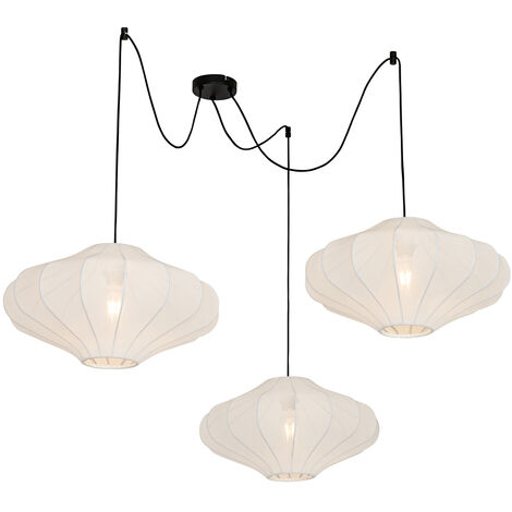 Qazqa – Suspension 3 lumières 100 cm – Blanc en tissu – Culot E27 – Tension 220V – Pour salons, chambres et cuisines – Luminosité variable
