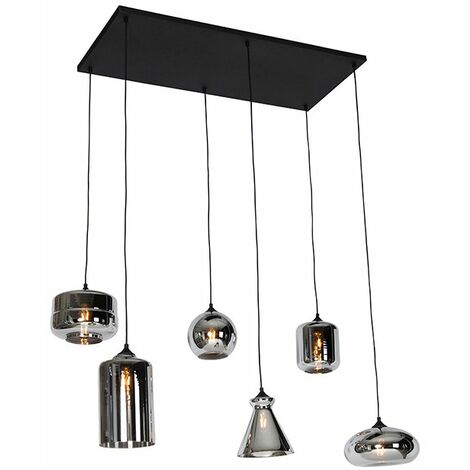 Qazqa – Suspension Art Déco 6 lumières en verre fumé – Longueur 110 cm – Culot E27 – Installation plafond – Ambiance chaleureuse salon, chambre, cuisine, salle à manger