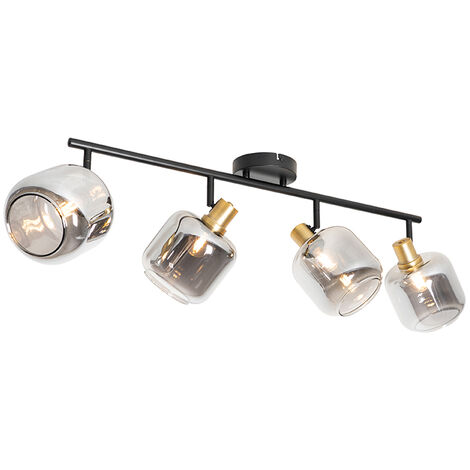 Qazqa – Plafonnier à spot 4 lumières – Longueur 102 cm – Noir et or – Verre fumé – Hauteur 21 cm – Éclairage intérieur – Ampoules E14 25W max
